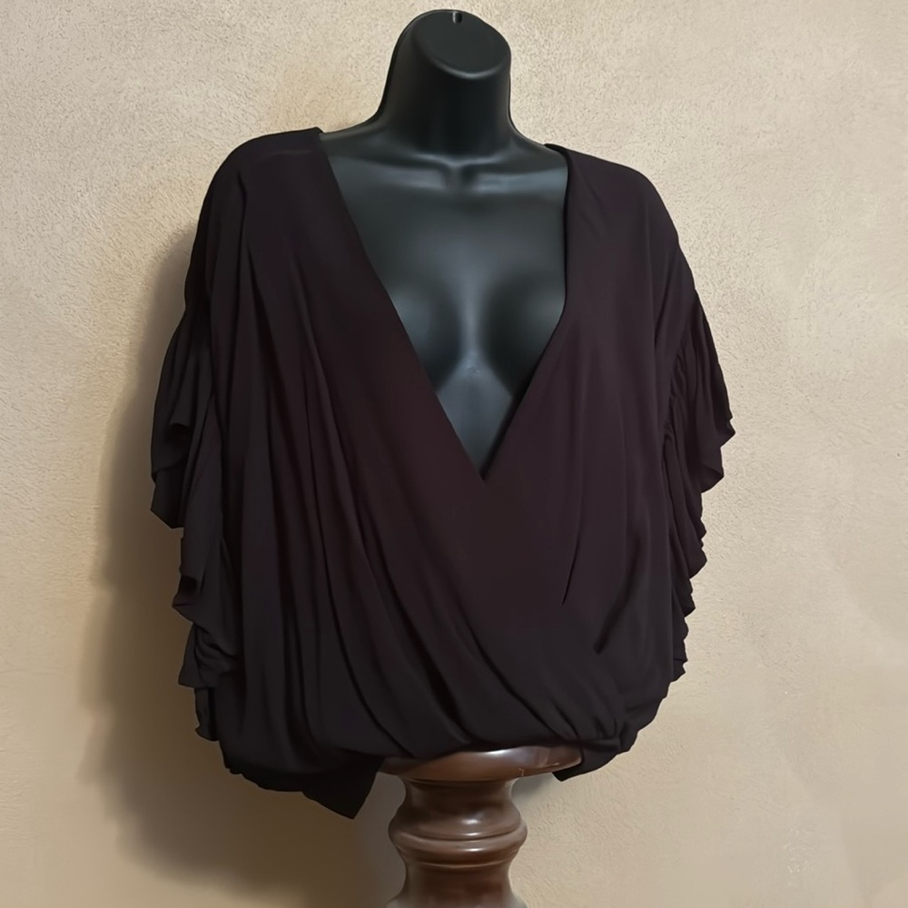 Crisscross V Neck black blouse with ruffle sleeves